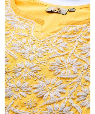 Ada Women Hand Embroidered Yellow Cotton Lucknow Chikankari Kurta - A411166 5