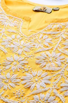 Ada Women Hand Embroidered Yellow Cotton Lucknow Chikankari Kurta - A411166
