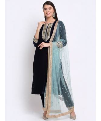 Navy Blue Festive Velvet Straight Kurti With Pants and Sequin Dupatta 1