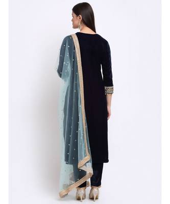 Navy Blue Festive Velvet Straight Kurti With Pants and Sequin Dupatta 2
