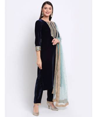 Navy Blue Festive Velvet Straight Kurti With Pants and Sequin Dupatta 3