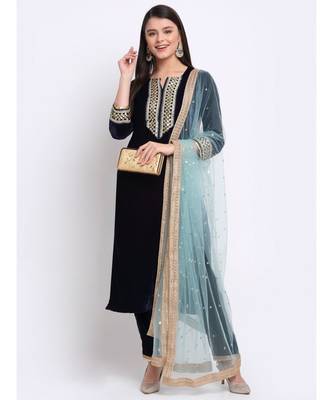 Navy Blue Festive Velvet Straight Kurti With Pants and Sequin Dupatta 5