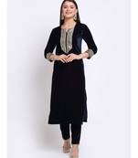 Navy Blue Festive Velvet Straight Kurti With Pants