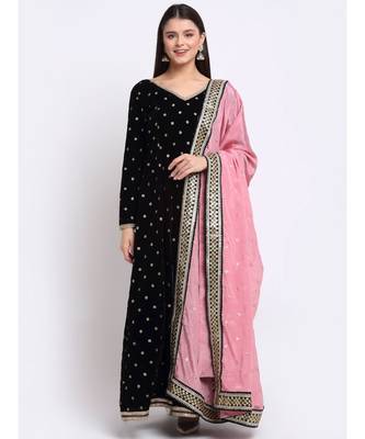 Beautiful Black Sequin Embroidered Velvet Anarkali with Silk Dupatta 1
