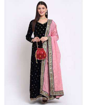 Beautiful Black Sequin Embroidered Velvet Anarkali with Silk Dupatta 6