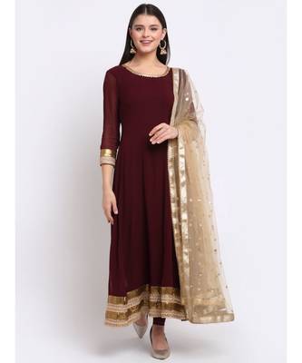 Smooth Wine Georgette Anarkali with Churidaar and Sequin Dupatta 1
