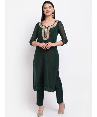 Chic Green Chanderi Straight Kurti with Pants 1