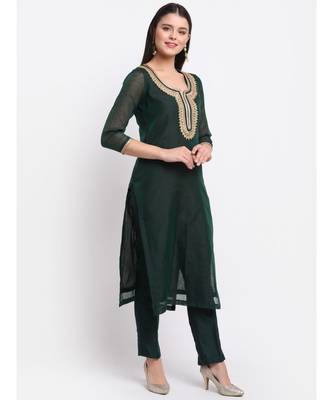 Chic Green Chanderi Straight Kurti with Pants 3