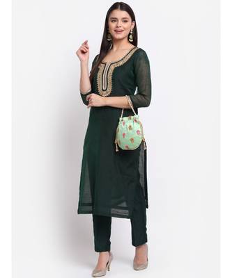Chic Green Chanderi Straight Kurti with Pants 6