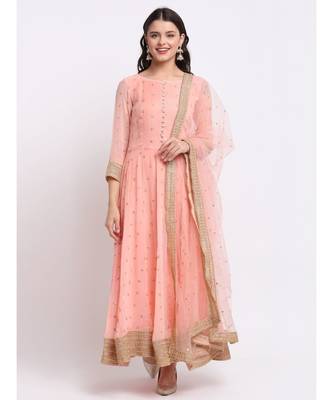 Absolute Peach Georgette Anarkali With Churidar and Sequin Dupatta 1