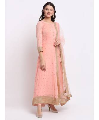 Absolute Peach Georgette Anarkali With Churidar and Sequin Dupatta 3