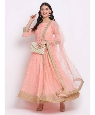 Absolute Peach Georgette Anarkali With Churidar and Sequin Dupatta 6