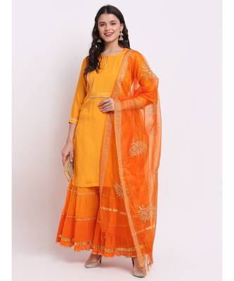 Ochre Yellow Short Kurti With Shaded Sharara and Embroidered Organza Dupatta 1