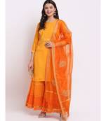 Ochre Yellow Short Kurti With Shaded Sharara and Embroidered Organza Dupatta