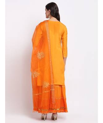 Ochre Yellow Short Kurti With Shaded Sharara and Embroidered Organza Dupatta 2
