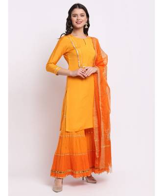 Ochre Yellow Short Kurti With Shaded Sharara and Embroidered Organza Dupatta 3