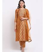 Rust Brocade Banarsi Straight Kurti with Brocade Pants and Stone Dupatta