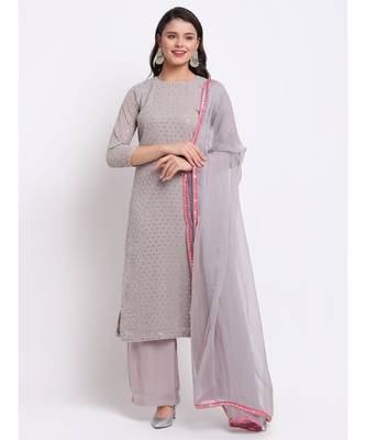 Grey Sequin Line Straight Kurti with Palazzo and Mokaish Dupatta 1