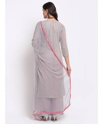Grey Sequin Line Straight Kurti with Palazzo and Mokaish Dupatta 2