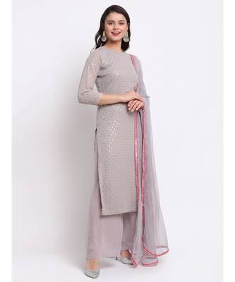 Grey Sequin Line Straight Kurti with Palazzo and Mokaish Dupatta 3