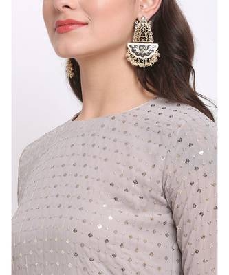 Grey Sequin Line Straight Kurti with Palazzo and Mokaish Dupatta 4