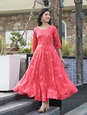 Pink Printed Rayon Flared Kurti 1