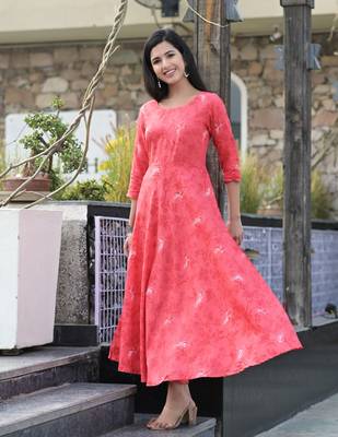 Pink Printed Rayon Flared Kurti 2