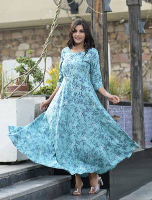 Blue Printed Rayon Flared Kurti 1
