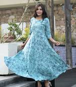 Blue Printed Rayon Flared Kurti
