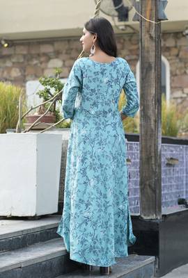 Blue Printed Rayon Flared Kurti 2