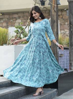 Blue Printed Rayon Flared Kurti 4
