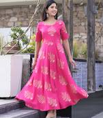 Pink Gold Printed Rayon Flared Kurti