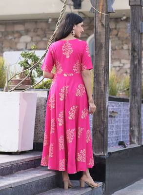 Pink Gold Printed Rayon Flared Kurti 2