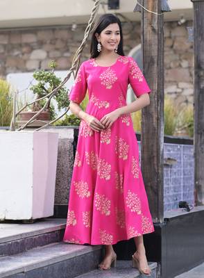 Pink Gold Printed Rayon Flared Kurti 3