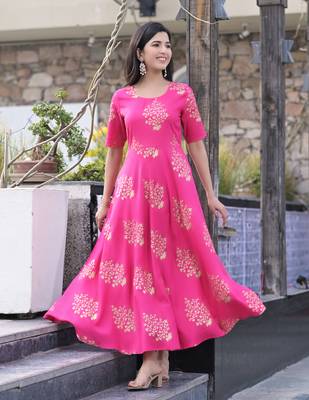 Pink Gold Printed Rayon Flared Kurti 4