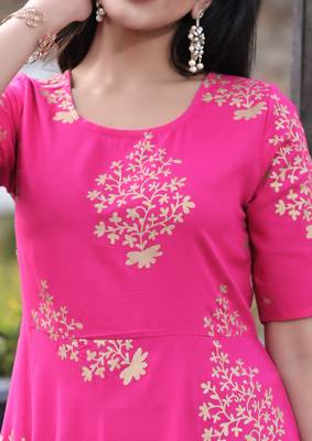 Pink Gold Printed Rayon Flared Kurti 5