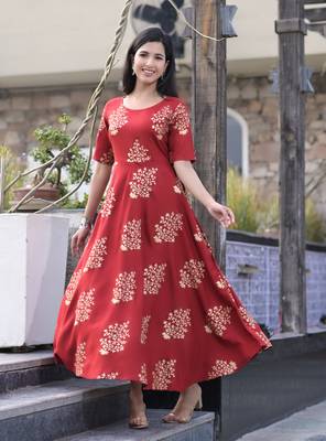 Maroon Gold Printed Rayon Flared Kurti 1