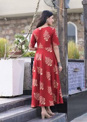 Maroon Gold Printed Rayon Flared Kurti 2