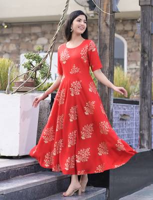 Red Printed Rayon Flared Kurti 1