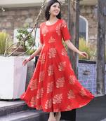Red Printed Rayon Flared Kurti