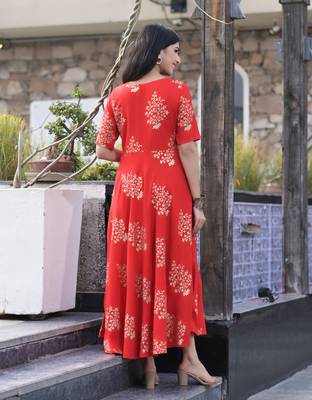 Red Printed Rayon Flared Kurti 2
