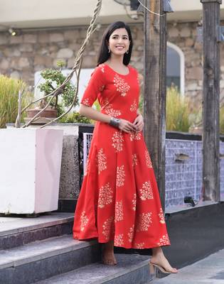 Red Printed Rayon Flared Kurti 3