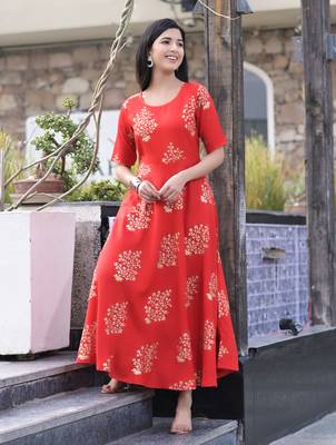 Red Printed Rayon Flared Kurti 4