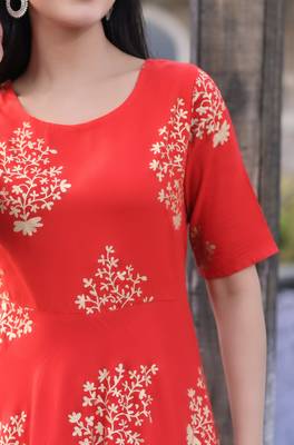 Red Printed Rayon Flared Kurti 5