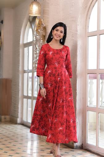 Red Printed Rayon Flared Kurti