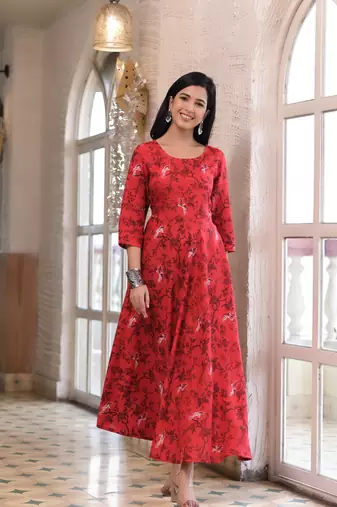 Red Printed Rayon Flared Kurti