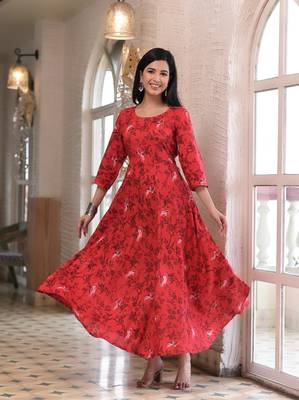 Red Printed Rayon Flared Kurti 2