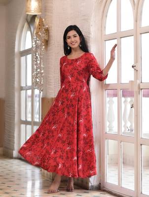 Red Printed Rayon Flared Kurti 6