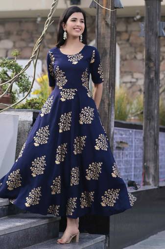 Navyblue Gold Printed Rayon Flared Kurti