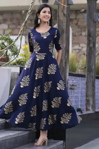 Navyblue Gold Printed Rayon Flared Kurti